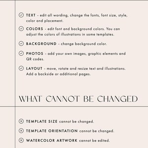 May include: A list of what can and cannot be changed when customizing a template.  The list includes text, colors, background, photos, layout, template size, template orientation, and watercolor artwork.