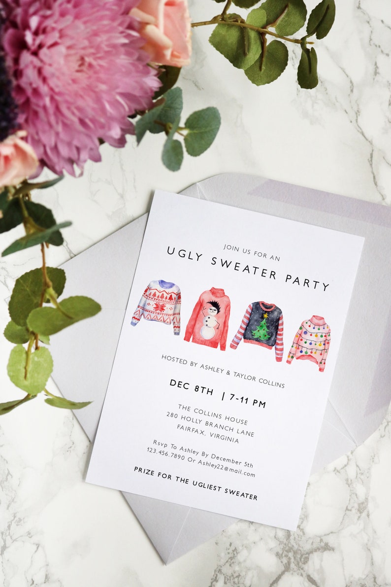 Ugly Sweater Party Invitation Template, Holiday Sweater Invitation Printable, Watercolor Christmas Party Invitation, Holiday Party US53 image 6