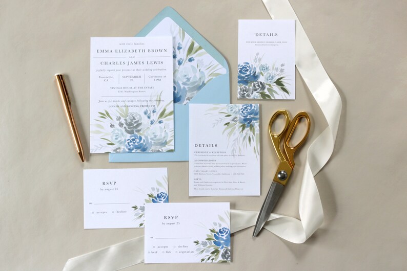 Made to Order Print at Home Printable Wedding Invitation Premium Suite Blue Velvet Customizable