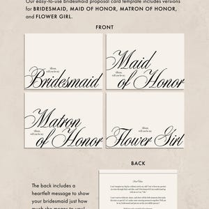 May include: Cream-coloured bridesmaid proposal cards with elegant script lettering. The front of the cards read "Bridesmaid," "Maid of Honour," "Matron of Honour," and "Flower Girl." The back includes a heartfelt message. The text "FRONT & BACK" is at the top.