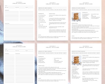 May include: Printable recipe cards with a white background and black text. The cards feature the name "Chloe Williams" at the top and a recipe for chocolate chip cookies. The recipe includes ingredients, instructions, and notes.