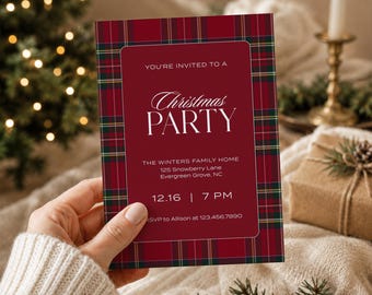 May include: A rectangular Christmas party invitation card featuring a red, green, and white plaid border. The center is deep red with white text reading: YOU'RE INVITED TO A Christmas PARTY THE WINTERS FAMILY HOME 125 Snowberry Lane Evergreen Grove, NC 12.16 | 7 PM RSVP to Allison at 123.456.7890.