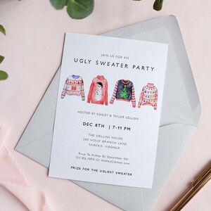 Ugly Sweater Party Invitation Template, Holiday Sweater Invitation Printable, Watercolor Christmas Party Invitation, Holiday Party US53 image 5