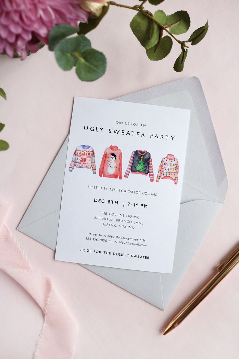 Ugly Sweater Party Invitation Template, Holiday Sweater Invitation Printable, Watercolor Christmas Party Invitation, Holiday Party US53 image 5