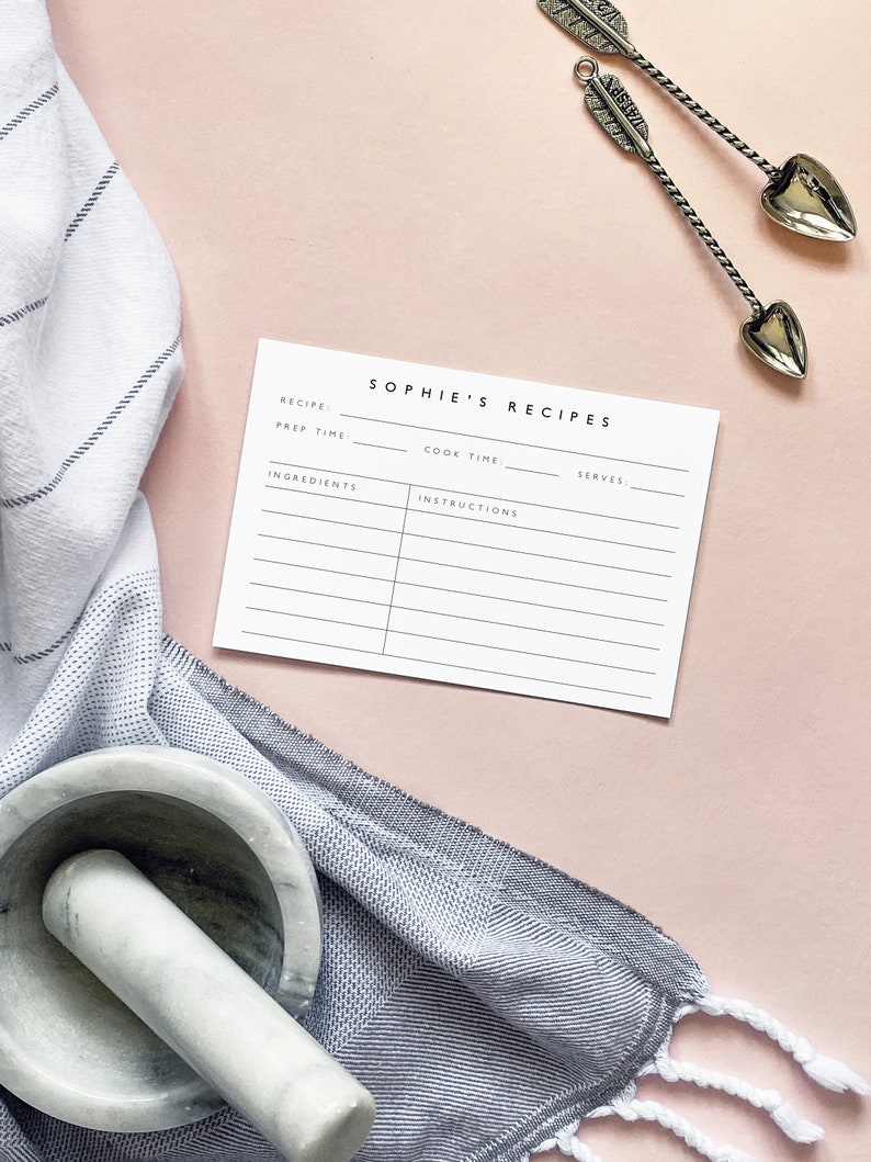 May include: A white recipe card with the text "Sophie's Recipes" at the top. The card has sections for the recipe name, prep time, cook time, ingredients, instructions, and servings.
