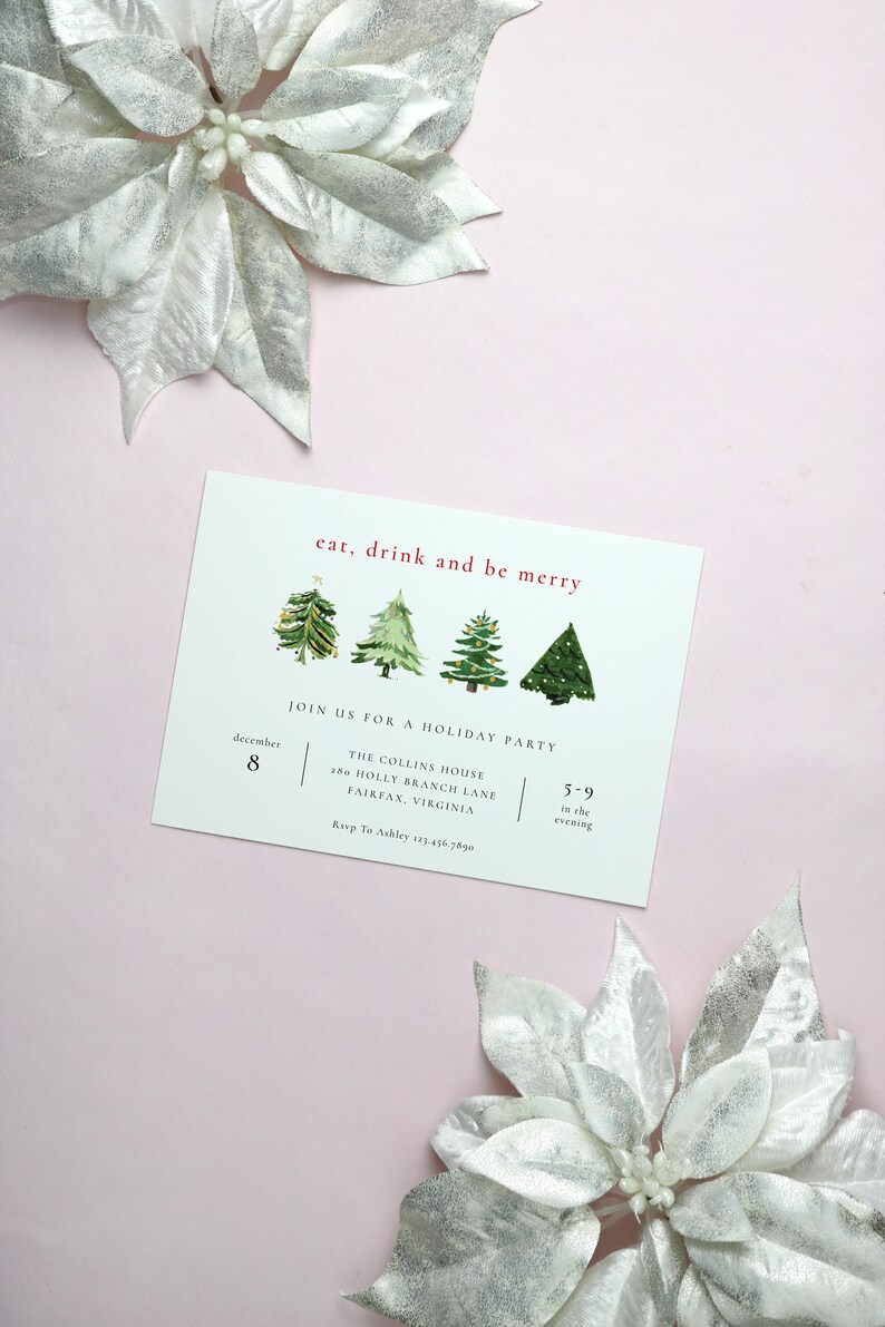 Holiday Party Invitation Editable Template, Classic Christmas Party Printable Invitation, Watercolor Christmas Trees, Instant Download CT92 image 4