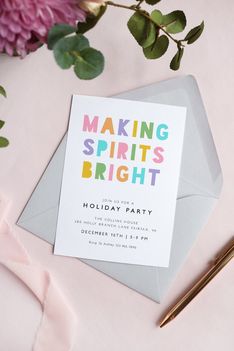 Colorful Christmas Party Invitation, Modern Holiday Party Invitation Template, Minimalist Neon Invitation Printable, Christmas Cocktail TN92 image 4