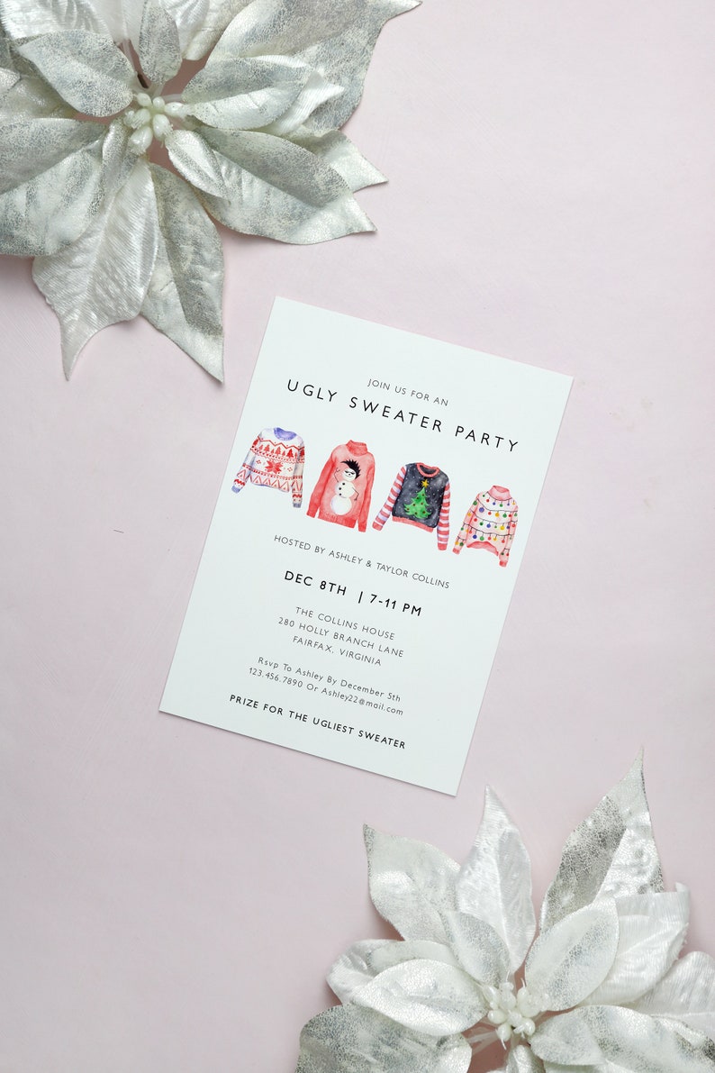Ugly Sweater Party Invitation Template, Holiday Sweater Invitation Printable, Watercolor Christmas Party Invitation, Holiday Party US53 image 4