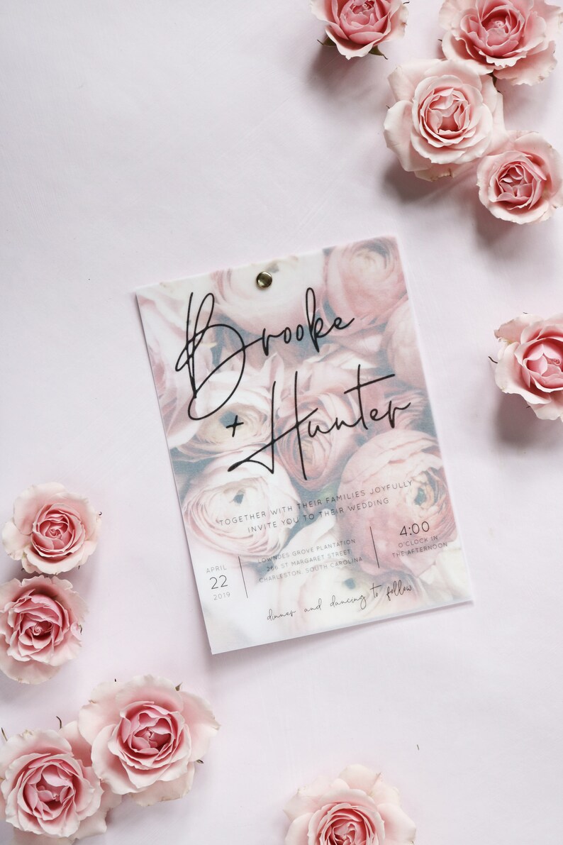 Blush Floral Vellum Overlay Wedding Invitation Template Etsy