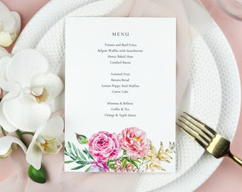 Watercolor Floral Brunch Menu Template, Modern Pink Floral Menu Printable, Spring Floral Editable Menu Template, Instant Download MD53