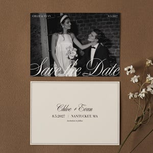May include: A black and white wedding announcement with a photo of a couple and the words "Save the Date." The announcement also includes the names "Chloe & Evan" and the date "8.5.2027."