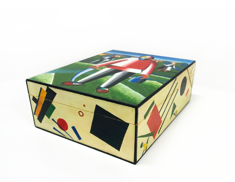 On haymaking\u201d wooden jewelry box Handpainted box for organizer for small things. Casket \u201cMalevich