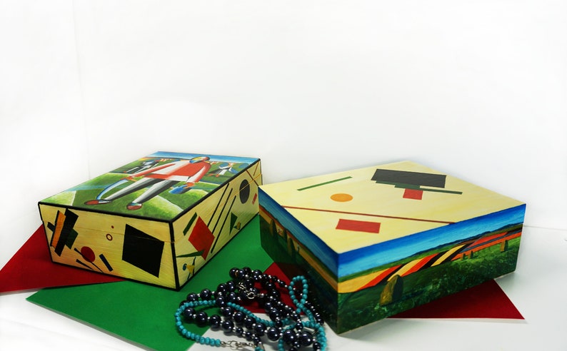 On haymaking\u201d wooden jewelry box Handpainted box for organizer for small things. Casket \u201cMalevich