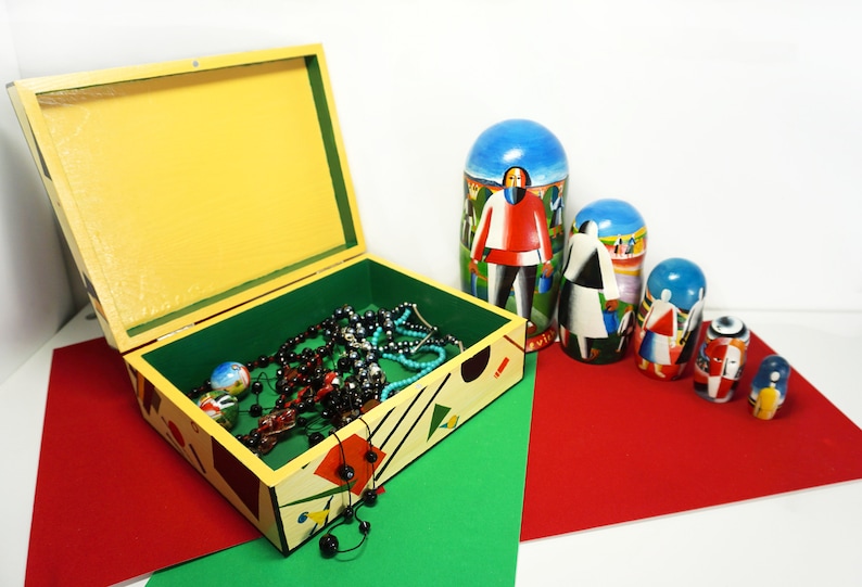 On haymaking\u201d wooden jewelry box Handpainted box for organizer for small things. Casket \u201cMalevich