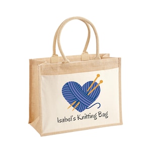 Personalised Crochet Knitting Jute Tote Bag, Ideal for Sewing, Crochet - Perfect Gift for Her, Mothers day Gift, Birthday Gift, Nanny&#39;s Bag