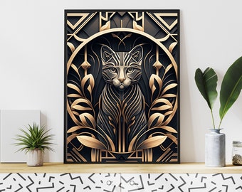 Gilded Whiskers: Art Deco Cat Canvas Print - Black and Gold - Opulent Design - Luxury Home Decor - Unique Cat Canvas Print, Vintage Art
