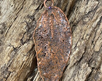Copper Electroformed Leaf Pendant Necklace with tiny Amethyst on Leather Cord