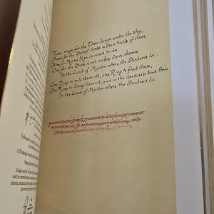Pode incluir: Close-up de uma p&aacute;gina de um livro com uma inscri&ccedil;&atilde;o manuscrita em tinta marrom. O texto diz "Three rings for the Elven-kings under the sky, Seven for the Dwarf-lords in their halls of stone, Nine for Mortal Men doomed to die, One for the Dark Lord on his dark throne In the Land of Mordor where the Shadows lie. One Ring to rule them all, One Ring to find them, One Ring to bring them all, and in the darkness bind them In the Land of Mordor where the Shadows lie." A p&aacute;gina &eacute; intitulada "The Ring Verse".