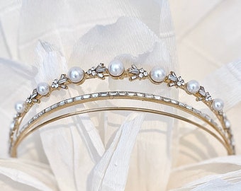 Bridgerton Tiara, Bridal Crown Small Wedding Accessories Pearl Headband, Gold Headpiece Princess DAPHNE©