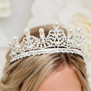 France Royal Pearl Tiara, Wedding Crown, Pageant Quinceanera Prom Diadema Crystal Headpiece Empress Eugenie CHRISTABEL© Gifts for Her
