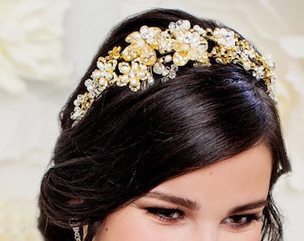 Bridal Headbands, Wedding Headpieces, Gold Tiara, Hair Accessories, GENEVIEVE© luxury Hairpiece, Crystal Hairband