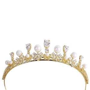 Bridgerton Crown, Swarovski Crystal Tiara, Bridal headpiece, Small hairpiece Gold Wedding Tiara KARENA, Pearl Hair Accessory Bride Diadema