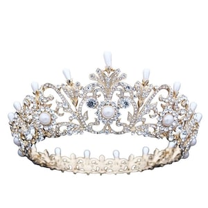 Brautkrone, Perlenhochzeits-Kopfschmuck, Vollkreis-Tiara, Geburtstagsgeschenke für Sie, Gold Diadema, St. LAWRENCE Haarschmuck Prinzessin Accessoires
