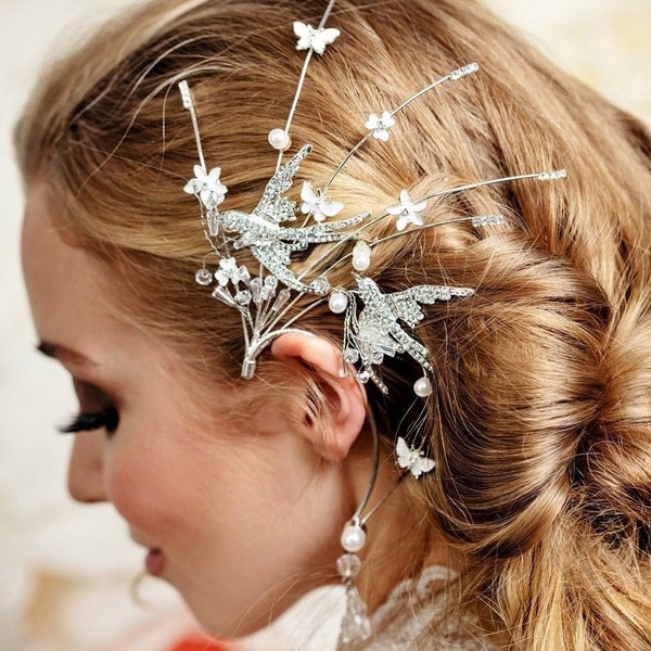 Bird Ear Cuff, Earrings, Wedding Headpiece, Butterfly combs, Bridal Hairpieces, Prom Combs, SKYLARK  Halo©