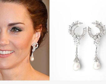 Princess of Wales Kate Coronation Earrings, "Diamond and South Sea Pearl" Middleton Bridal Jewelry, Diana Earring, Wedding Accessories