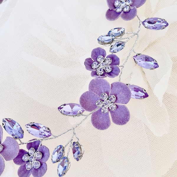 Purple Vine Amethyst Headpiece Sash Bridesmaids Headpieces, Hair Comb Violet Wedding Accessories Crystal ABIGAIL©