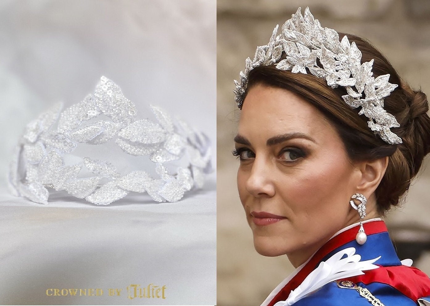 Kroningtiara prinses Kate, witte bruidszendspoel, vintage bruiloftaccessoire, handgemaakte Wales-hoofdband Middleton Catherine King Charles
