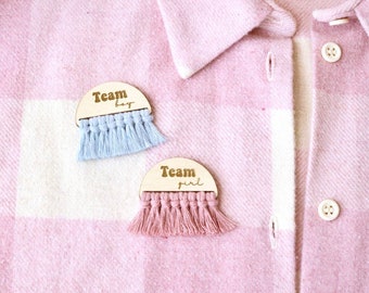 Team boy team girl pins, boho gender reveal party favors, macrame baby shower, pink and blue gender reveal party, it's a boy it's a girl