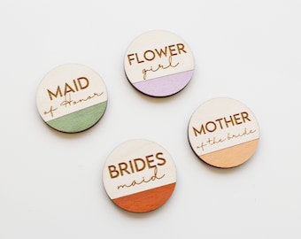 Wedding pins, maid of honor pin, flower girl pin, bride pin, bride to be pin, mother of the bride pin, pastel rustic spring wedding favors