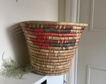African Primitive Vintage Soft Reed Storage Basket Black and Tan Reed Basket Black and Ivory Accent Bead Button Tribal Basket Collectible