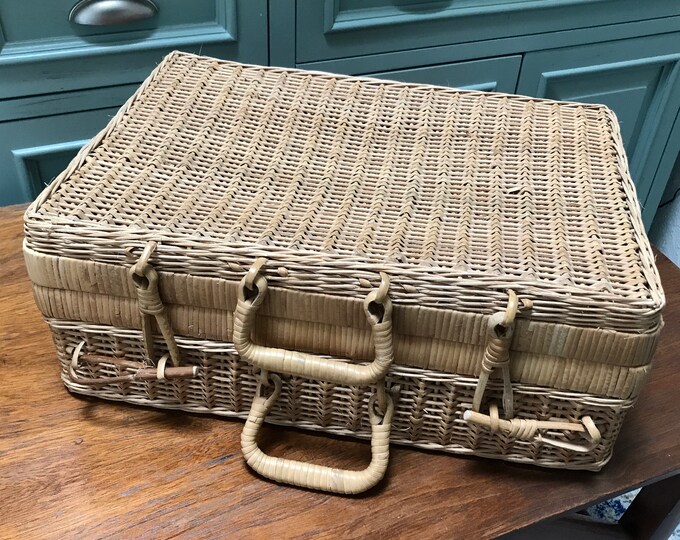Vintage Wicker Suitcase Mid Century Wicker Rattan Suitcase Etsy