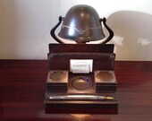 Very Rare Vintage Arts Crafts Period Heintz Art Metal Bronze and Sterling Silver Overlay Desk Set with Lamp, ca. 1910s