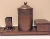 Rare Antique American Arts Crafts Heintz Art Metal Studio Bronze Smoke Set with Sterling Silver Overlay, ca. 1912