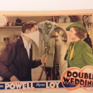 Rara tarjeta de lobby de película original vintage de 1937 con Myrna Loy y William Powell protagonizando 'Double Wedding'