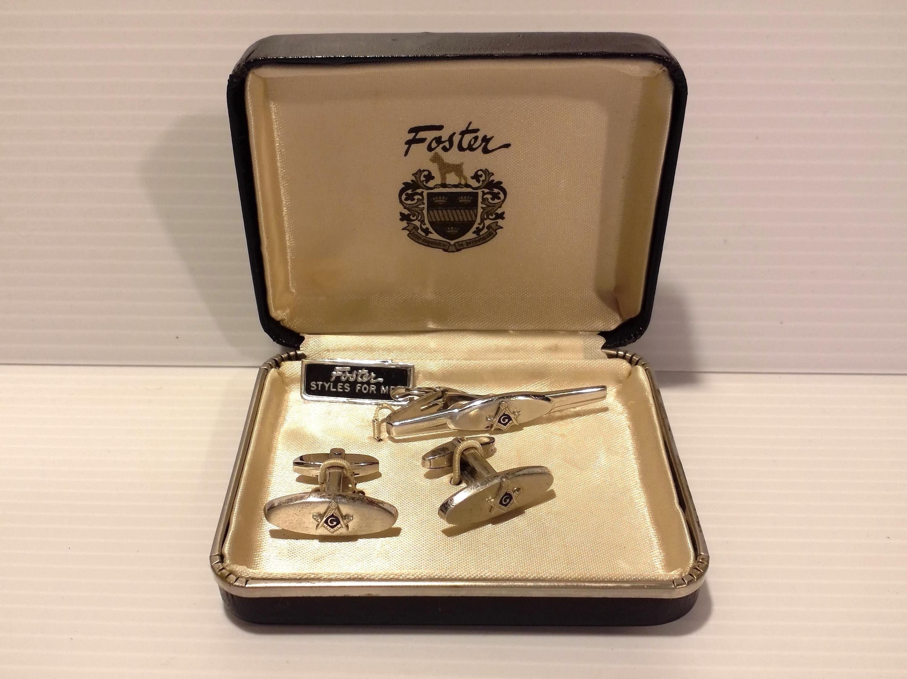Midcentury Masonic Cufflinks and Tie Clip Set, ca, 1955
