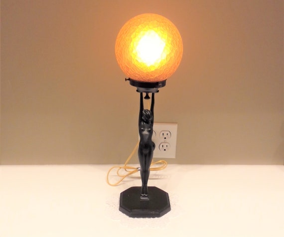 Vintage Frankart Signed Art Deco Standing Nymph Lamp With Frosted