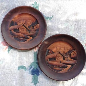 Vintage Pair Hand Carved and Signed French Chalet Wooden Wall Hangings