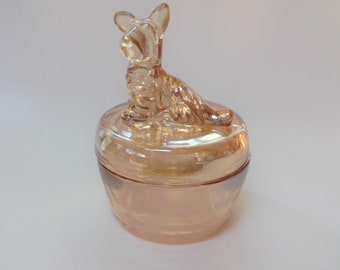 Vintage Art Deco Iridescent Amber Glass Scottie Dog Dresser Jar, ca. 1930s