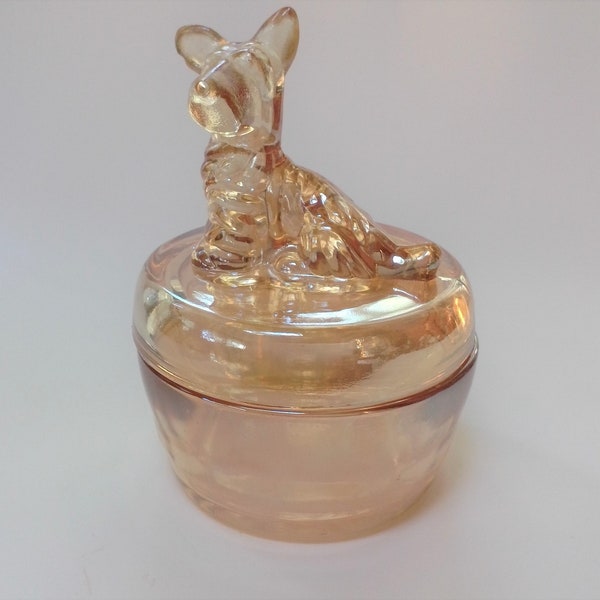 Vintage Art Deco Iridescent Amber Glass Scottie Dog Dresser Jar, ca. 1930s