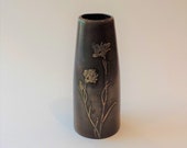Vintage Arts Crafts Bronze Silver Crest Vase with Sterling Silver Cornflower Floral Overlay, ca. 1920s