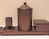 Rare Antique American Arts Crafts Heintz Art Metal Studio Bronze Smoke Set with Sterling Silver Overlay, ca. 1912