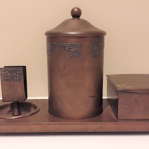 Rare Antique American Arts & Crafts Heintz Art Metal Studio Bronze Smoke Set with Sterling Silver Overlay, ca. 1912