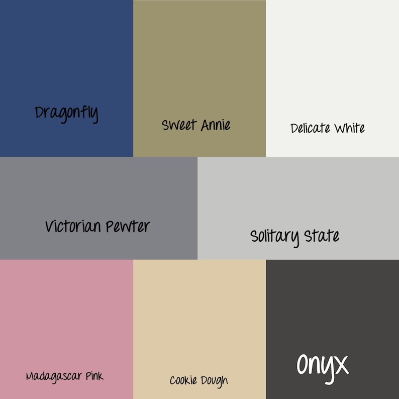 Puede incluir: Una tabla de colores con nueve colores de pintura diferentes. Los colores son: Dragonfly, Sweet Annie, Delicate White, Victorian Pewter, Solitary State, Madagascar Pink, Cookie Dough y Onyx.