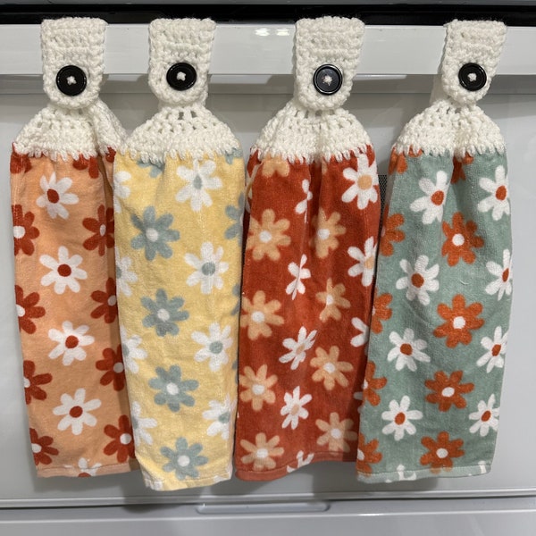 Boho Daisy Themed Kitchen/Bathroom Crochet-Top Hand Towels