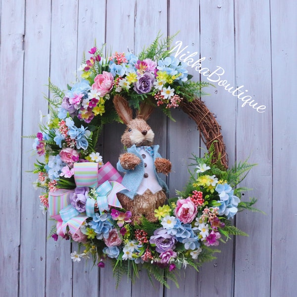Spring Easter Rabbit Wreath, Pretty Easter Faux Floral Door Wreath, Easter Wreath, Easter Decor, Door Decor, Spring Wreath