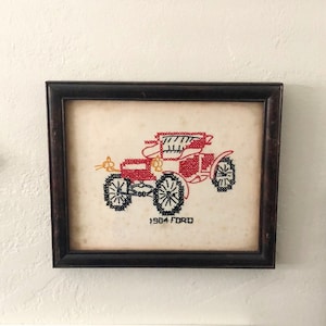 1904 Ford Cross Stitch Wall Decor, Vintage Framed Cross Stitch Art, 1904 Ford Car Stitched Art, Bohemian Eclectic Art image 1